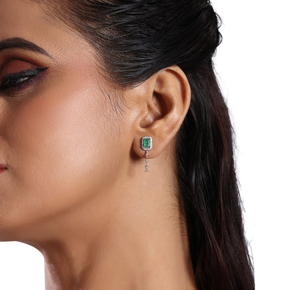 Solid Gold 0.5ct Natural Diamond w/ Emerald Chain Drop Stud Earrings