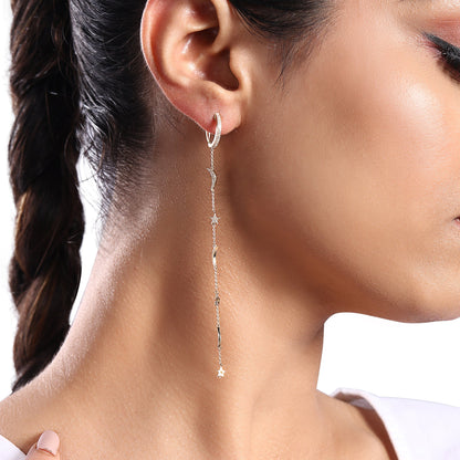 Solid Gold 0.34ct Natural Diamond Moon Star Drop Chain Huggie Earrings