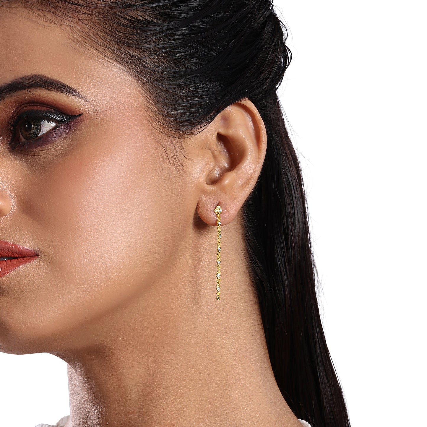 Solid Gold 0.2ct Natural Diamond Trio Drop Chain Stud Dangle Earrings