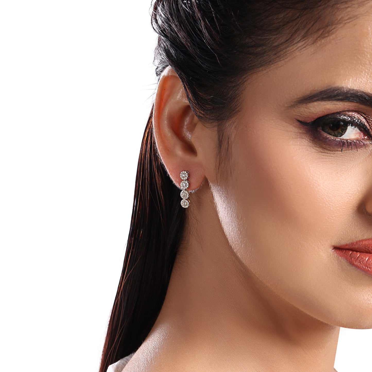 Solid Gold 0.6ct Natural Diamond Halo Round Drop Long Stud Earrings