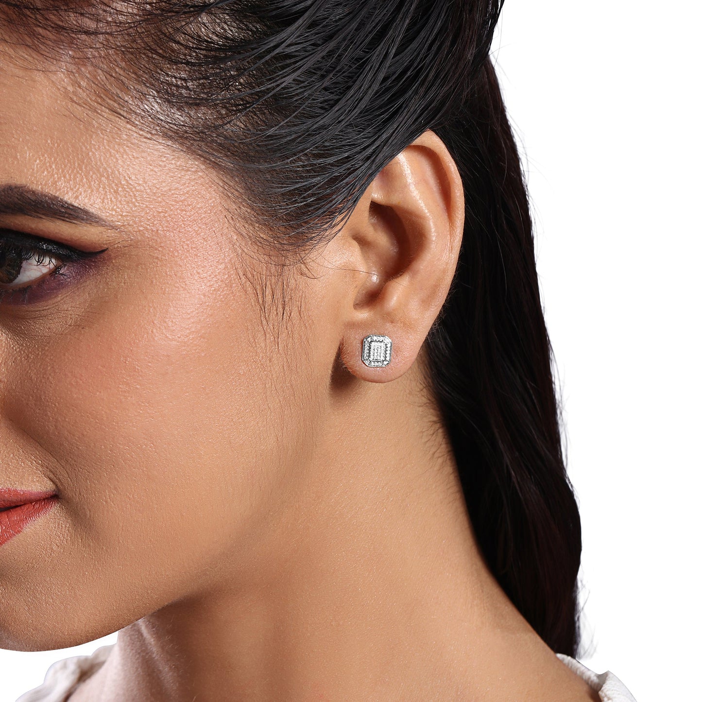 Solid Gold 0.14ct Natural Diamond Hexa Rectangle Halo Stud Earrings