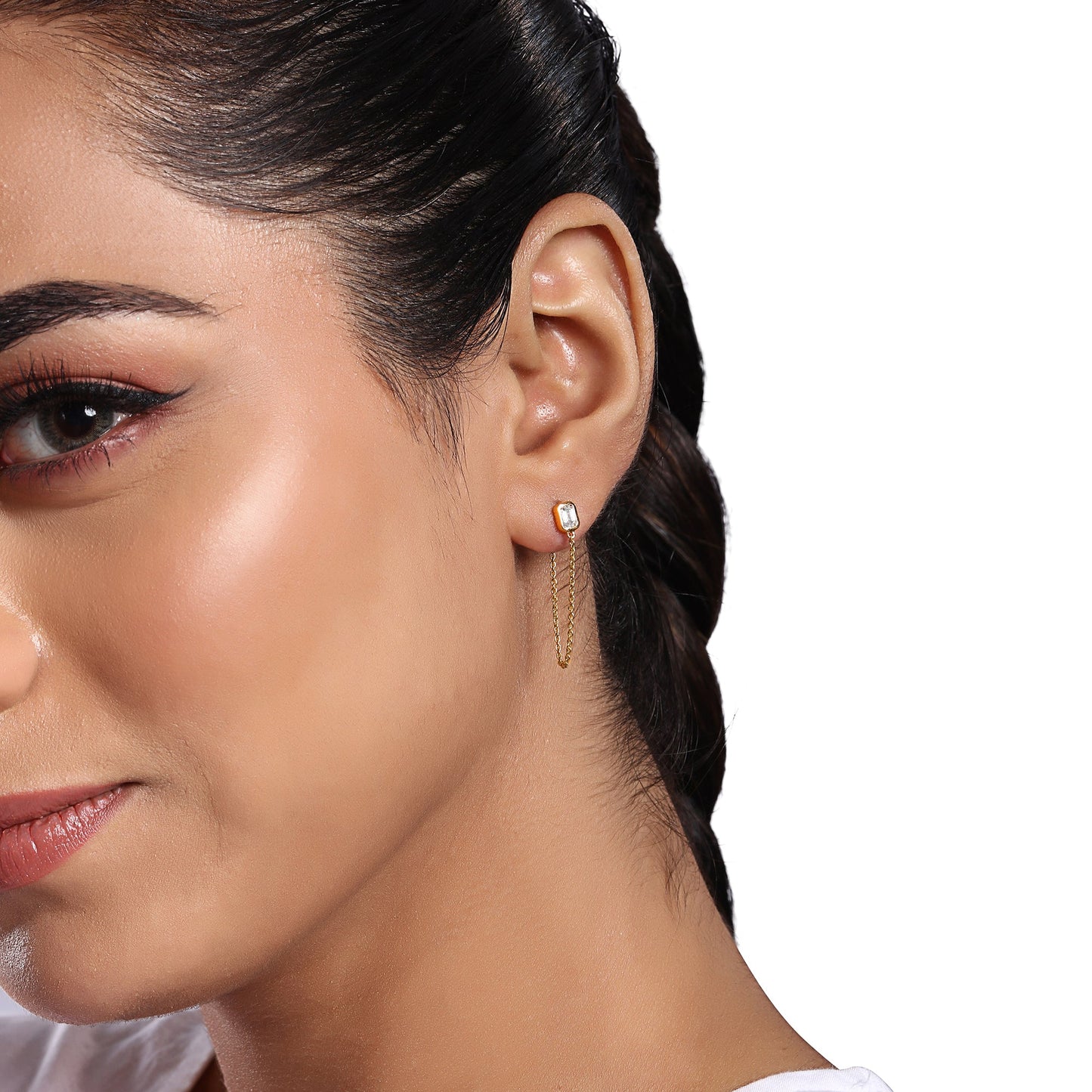 Solid Gold 0.4ct Natural Diamond Emerald Chain Long Drop Loop Earrings