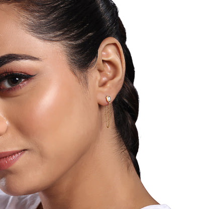 Solid Gold 0.4ct Natural Diamond Emerald Chain Long Drop Loop Earrings