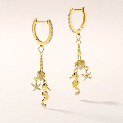 Solid Gold .3ct Natural Diamond Seahorse Shell Star Fish Huggie Earrings