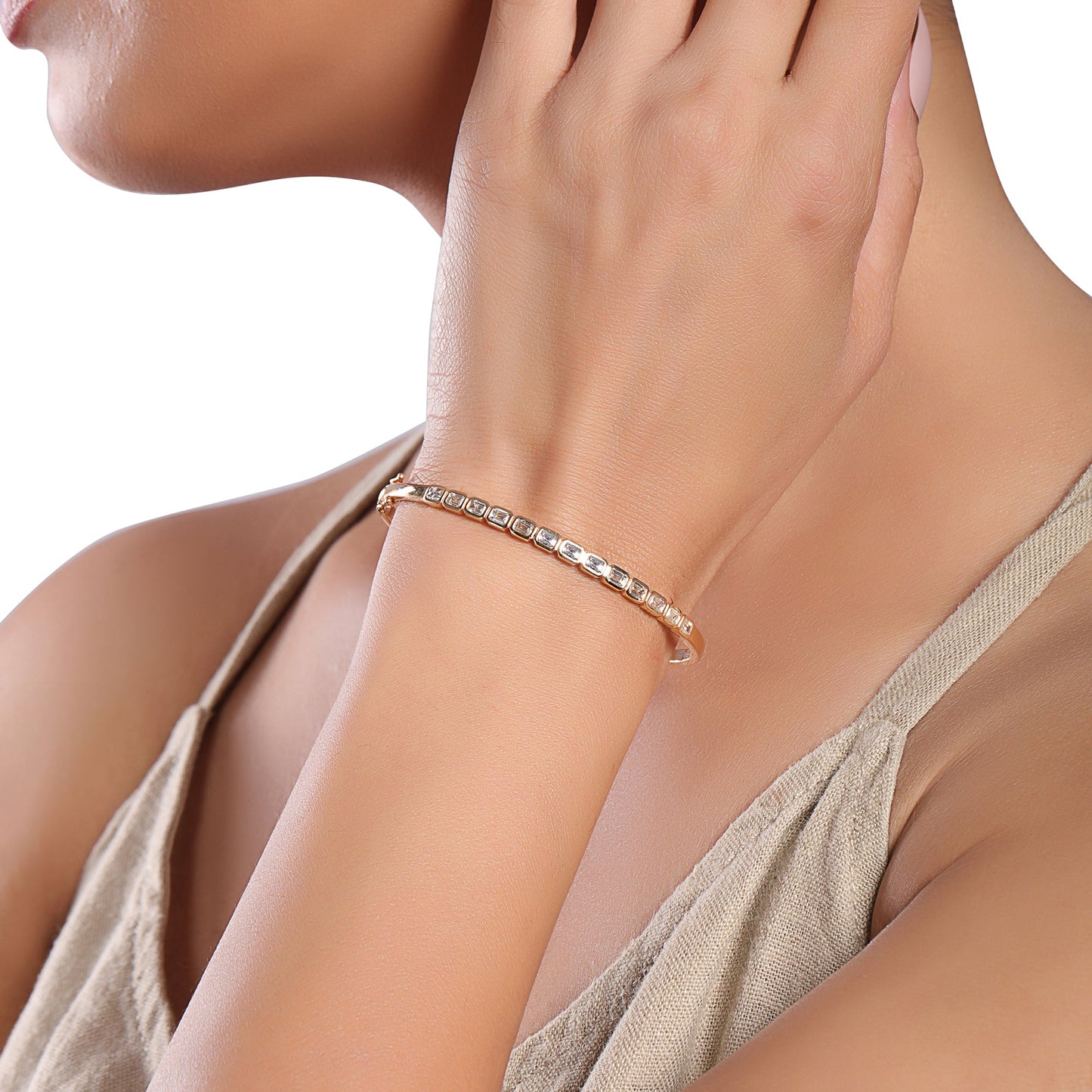 Solid Gold 1.8ct Natural Diamond Bezel Baguette Tennis Bangle Bracelet