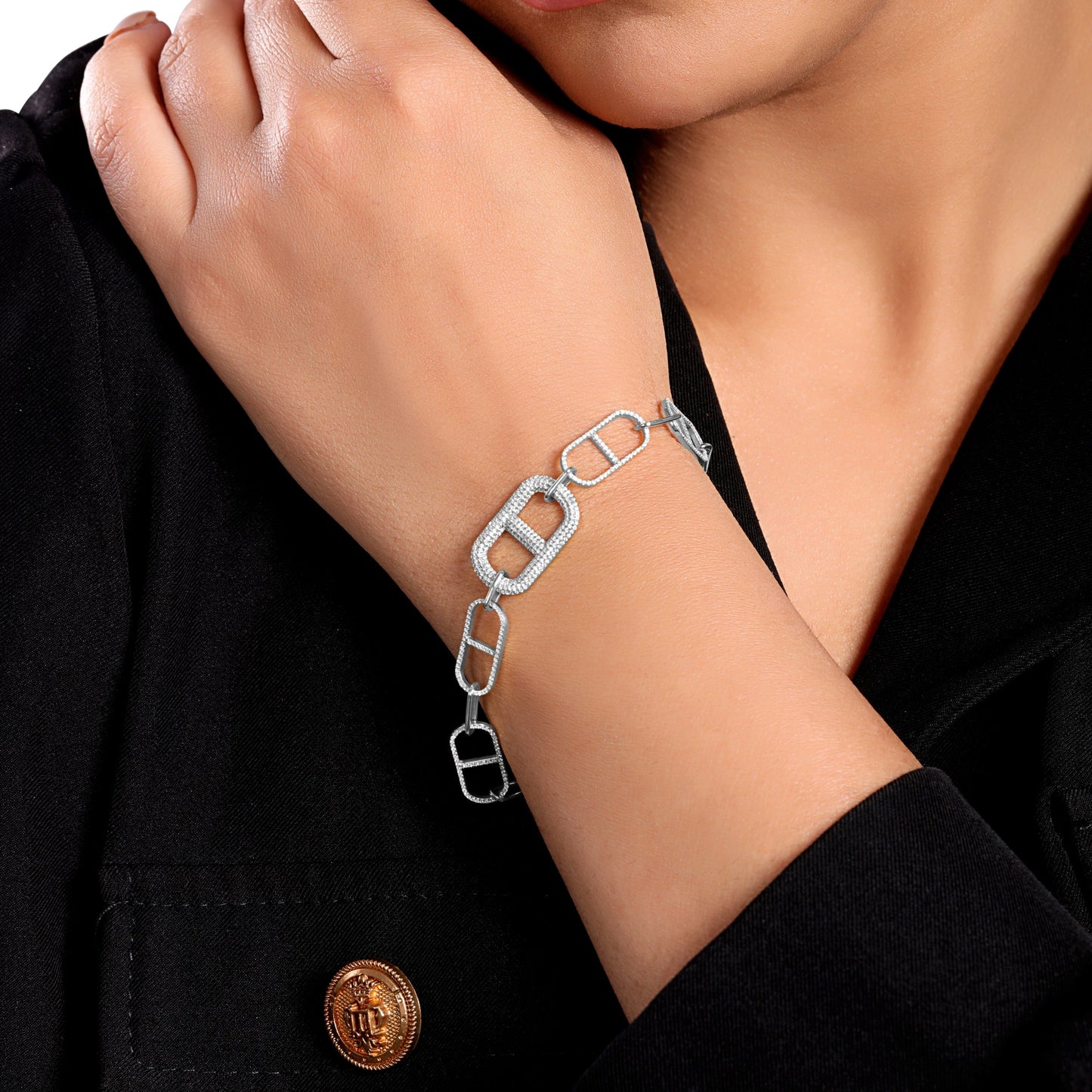 Solid Gold 1ct Natural Diamond Tri-Link Paperclip Studded Charm Bracelet