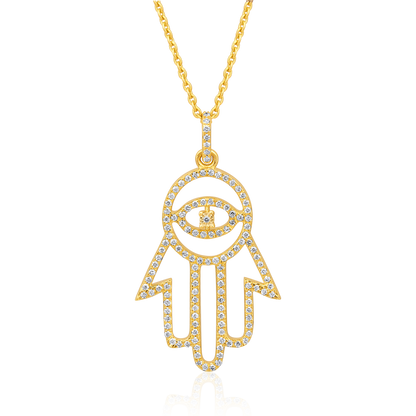 Solid Gold 0.21ct Natural Diamond Hamsa Hand Evil Eye Charm Necklace