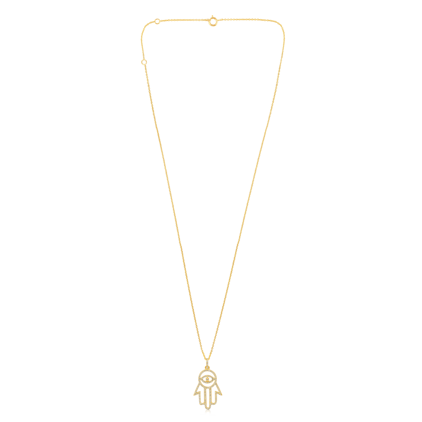 Solid Gold 0.21ct Natural Diamond Hamsa Hand Evil Eye Charm Necklace