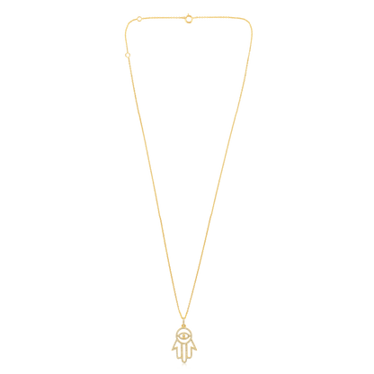 Solid Gold 0.21ct Natural Diamond Hamsa Hand Evil Eye Charm Necklace
