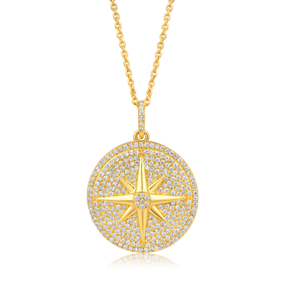 Solid Gold 0.5ct Natural Diamond Compass Moon Star Sun Charm Necklace