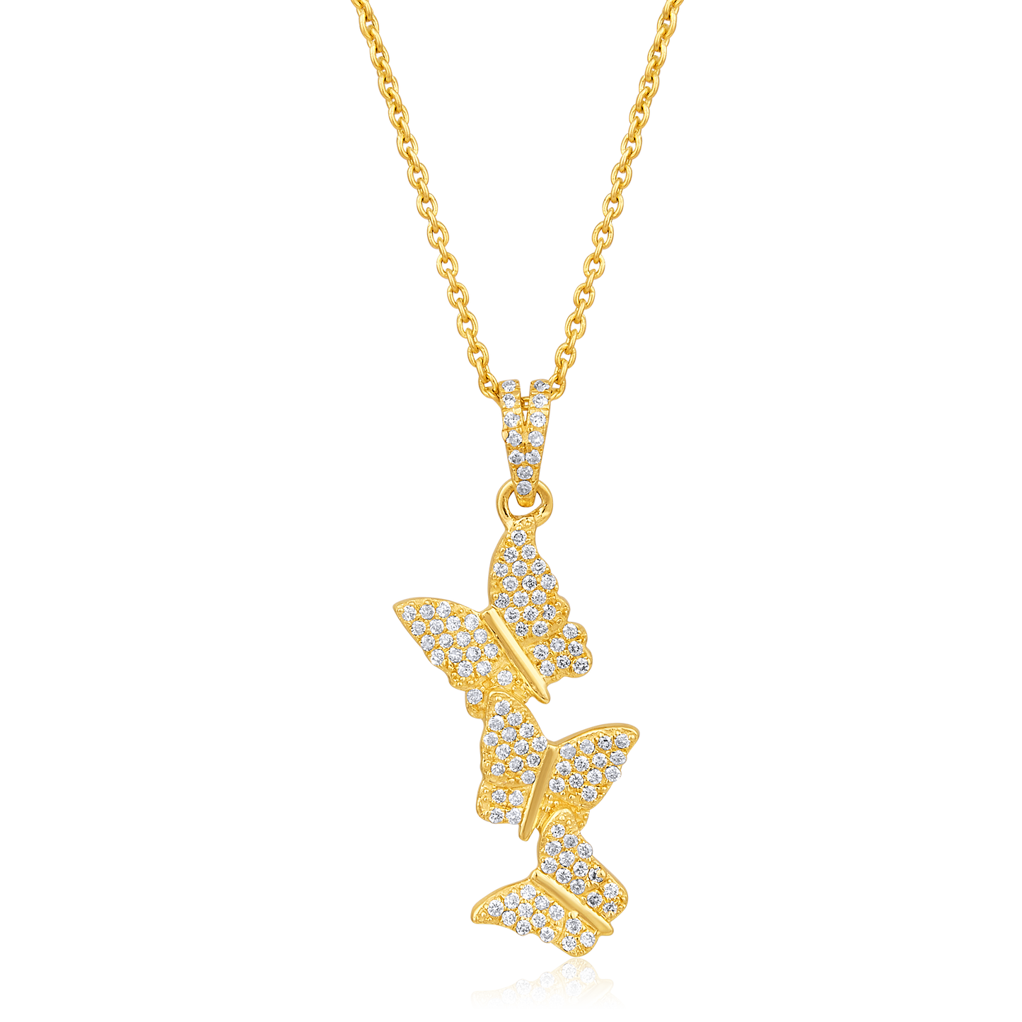 Solid Gold 0.2ct Natural Diamond 3 Butterfly Long Studded Charm Necklace