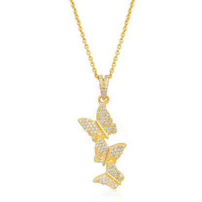 Solid Gold 0.2ct Natural Diamond 3 Butterfly Long Studded Charm Necklace