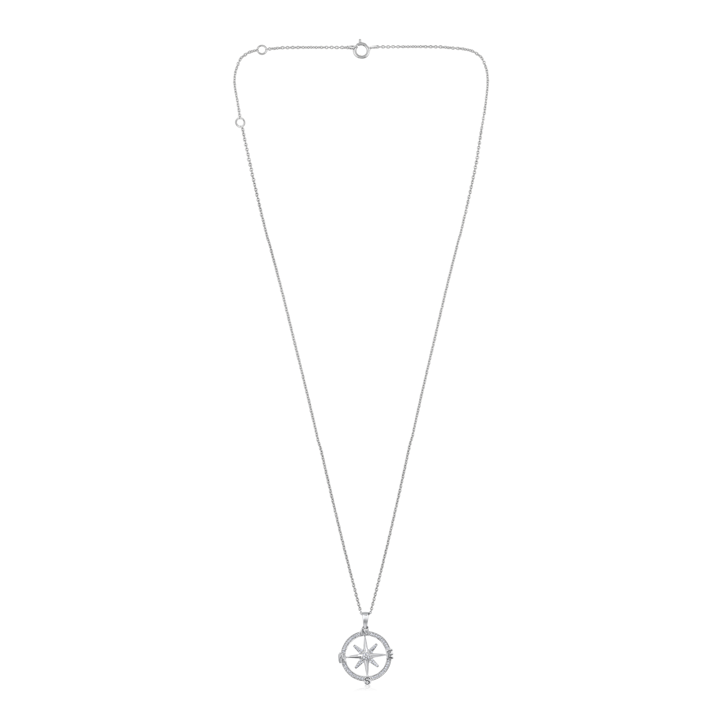 Solid Gold 0.12ct Natural Diamond Compass Moon Star Sun Charm Necklace