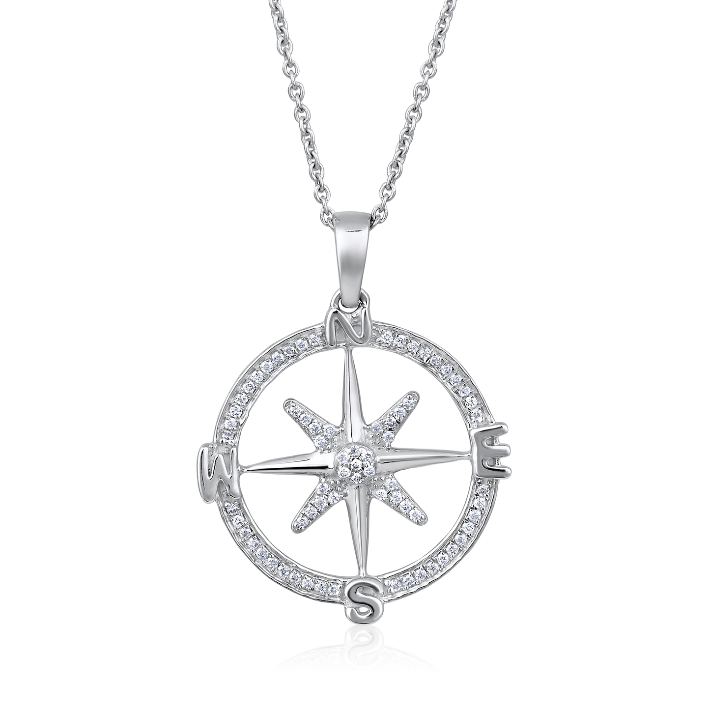 Solid Gold 0.12ct Natural Diamond Compass Moon Star Sun Charm Necklace