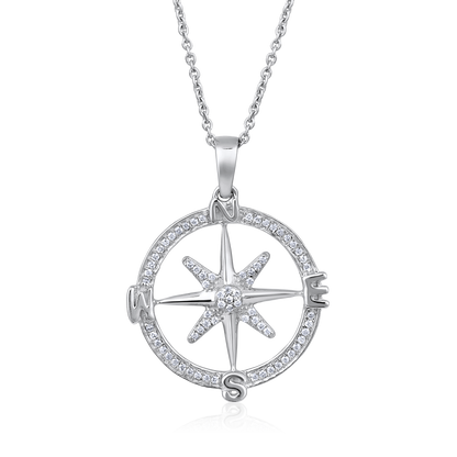 Solid Gold 0.12ct Natural Diamond Compass Moon Star Sun Charm Necklace