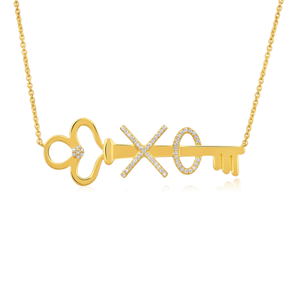 Solid Gold 0.12ct Natural Diamond XO Heart Key Charm Pendant Necklace