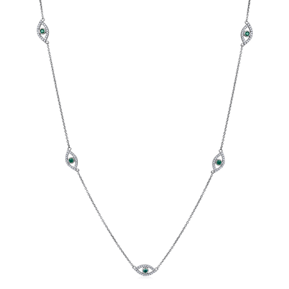 Solid Gold 0.2ct Natural Diamond Multi Evil Eye Blue Station Necklace