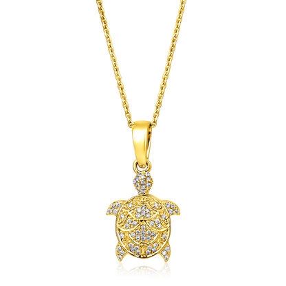 Solid Gold 0.11ct Natural Diamond Sea Turtle Life Charm Necklace