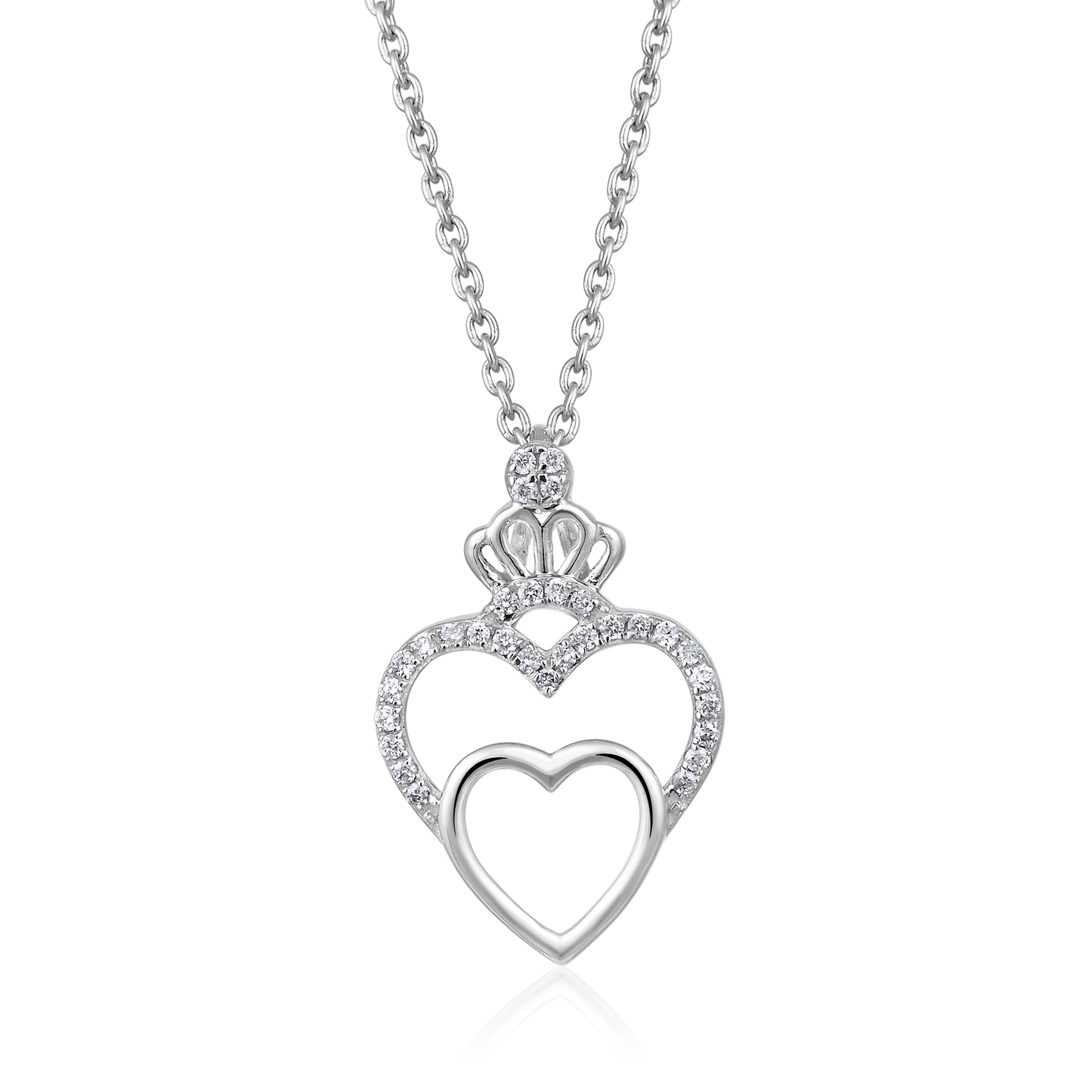Solid Gold 0.1ct Natural Diamond Crown 2 Heart Link Pendant Necklace