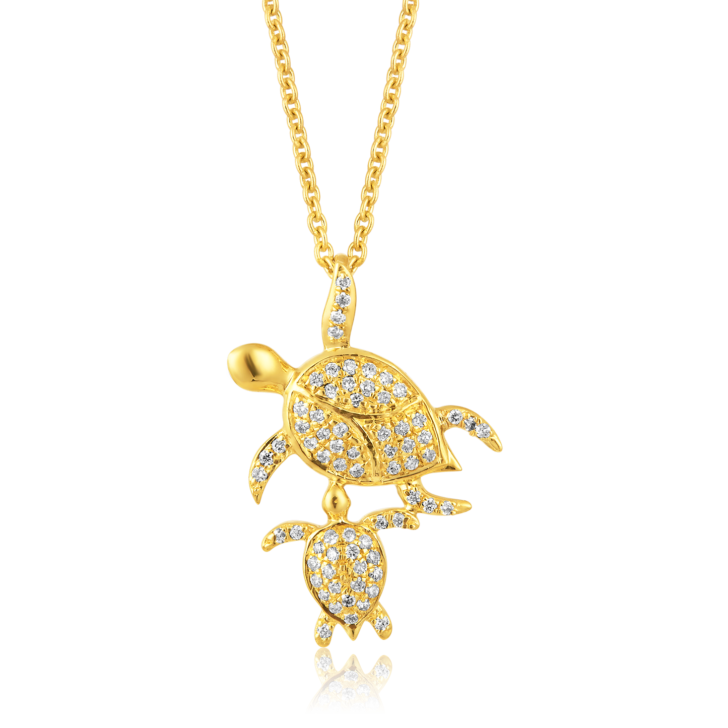 Solid Gold 0.11ct Natural Diamond Mom Baby Sea Turtle Pendant Necklace