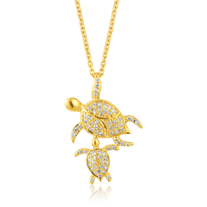 Solid Gold 0.11ct Natural Diamond Mom Baby Sea Turtle Pendant Necklace