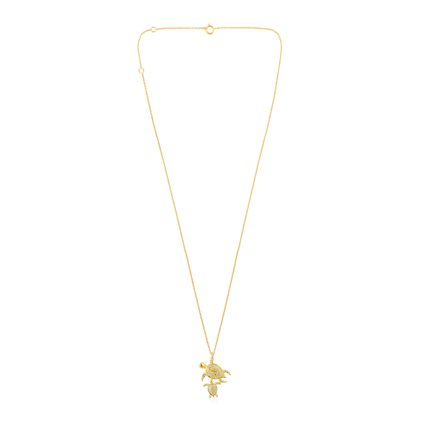 Solid Gold 0.11ct Natural Diamond Mom Baby Sea Turtle Pendant Necklace