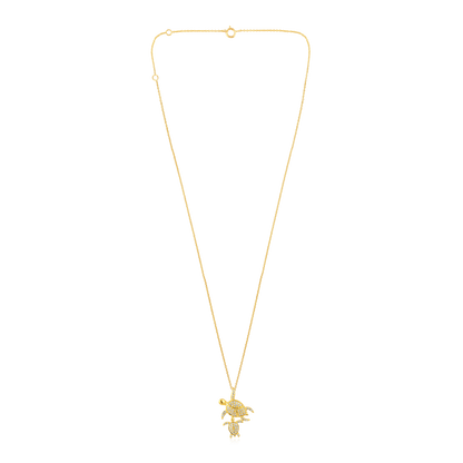Solid Gold 0.11ct Natural Diamond Mom Baby Sea Turtle Pendant Necklace