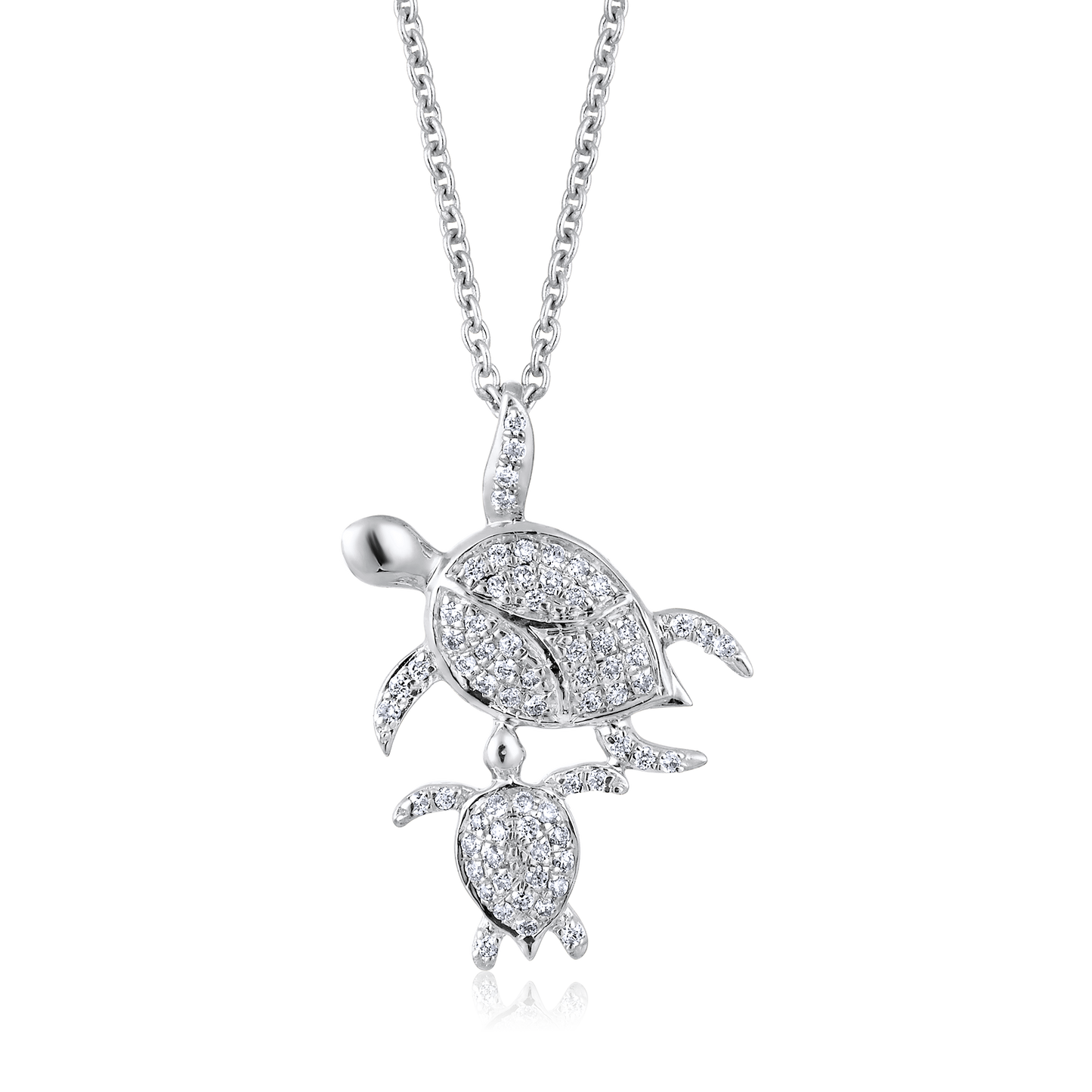 Solid Gold 0.12ct Natural Diamond Mother Baby Sea Turtle Charm Necklace