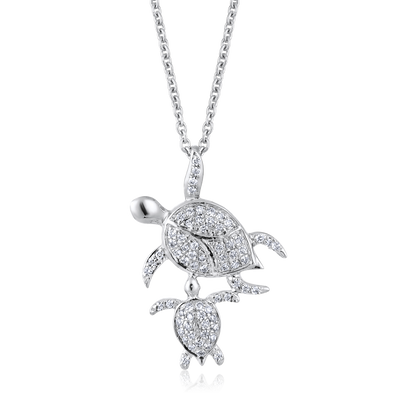 Solid Gold 0.12ct Natural Diamond Mother Baby Sea Turtle Charm Necklace