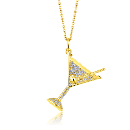 Solid Gold 0.21ct Natural Diamond Martini Glass Cocktail Charm Necklace
