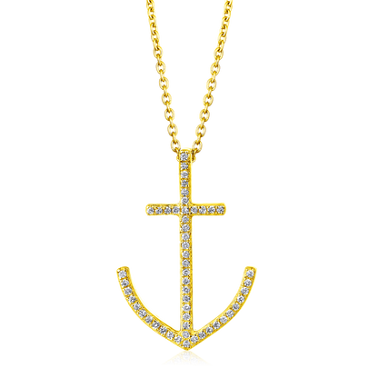 Solid Gold 0.1ct Natural Diamond Cross Anchor Nautical Charm Necklace