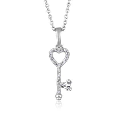 Solid Gold 0.1ct Natural Diamond Heart Key Pendant Necklace