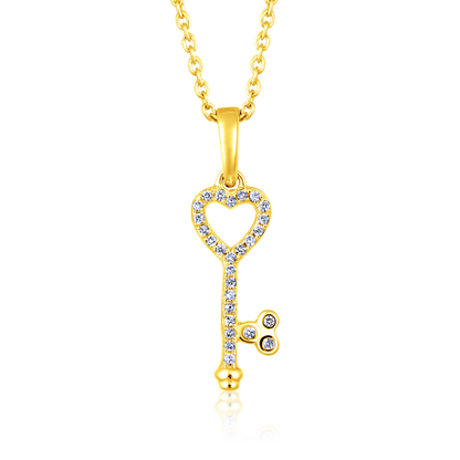 Solid Gold 0.1ct Natural Diamond Key Heart Love Charm Necklace