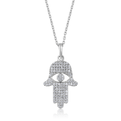 Solid Gold 0.21ct Natural Diamond Hamsa Evil Eye Charm Necklace