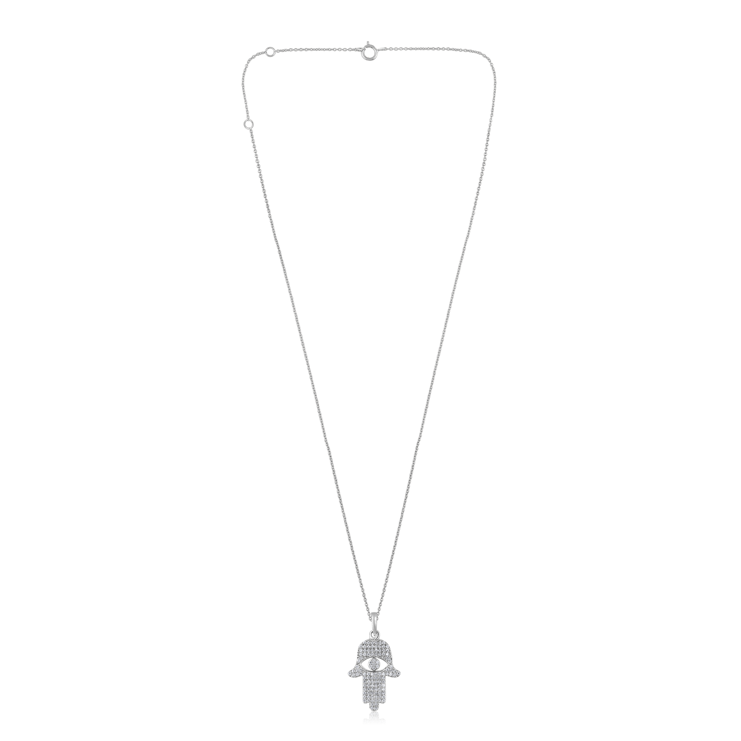 Solid Gold 0.21ct Natural Diamond Hamsa Evil Eye Charm Necklace