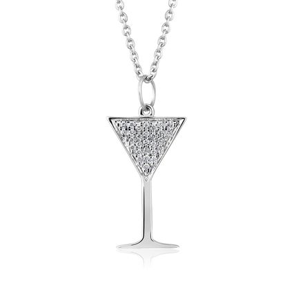 Solid Gold 0.1ct Natural Diamond Glass Charm Martini Cocktail Necklace