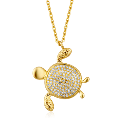 Solid Gold 0.2ct Natural Diamond Sea Turtle Studded Charm Necklace