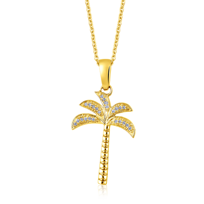 Solid Gold 0.1ct Natural Diamond Palm Tree Beach Coconut Charm Necklace