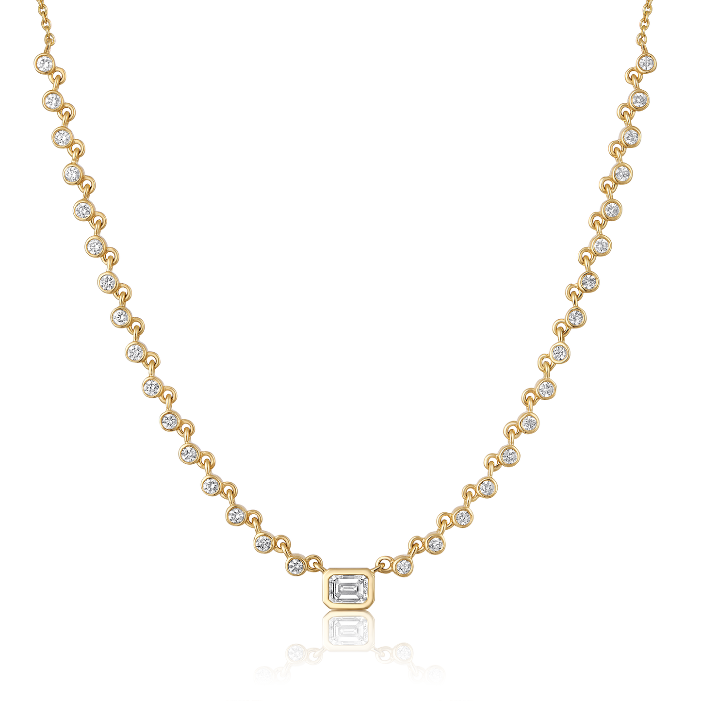 Solid Gold 1ct Natural Diamond Emerald Bezel Bead Stack Chain Necklace