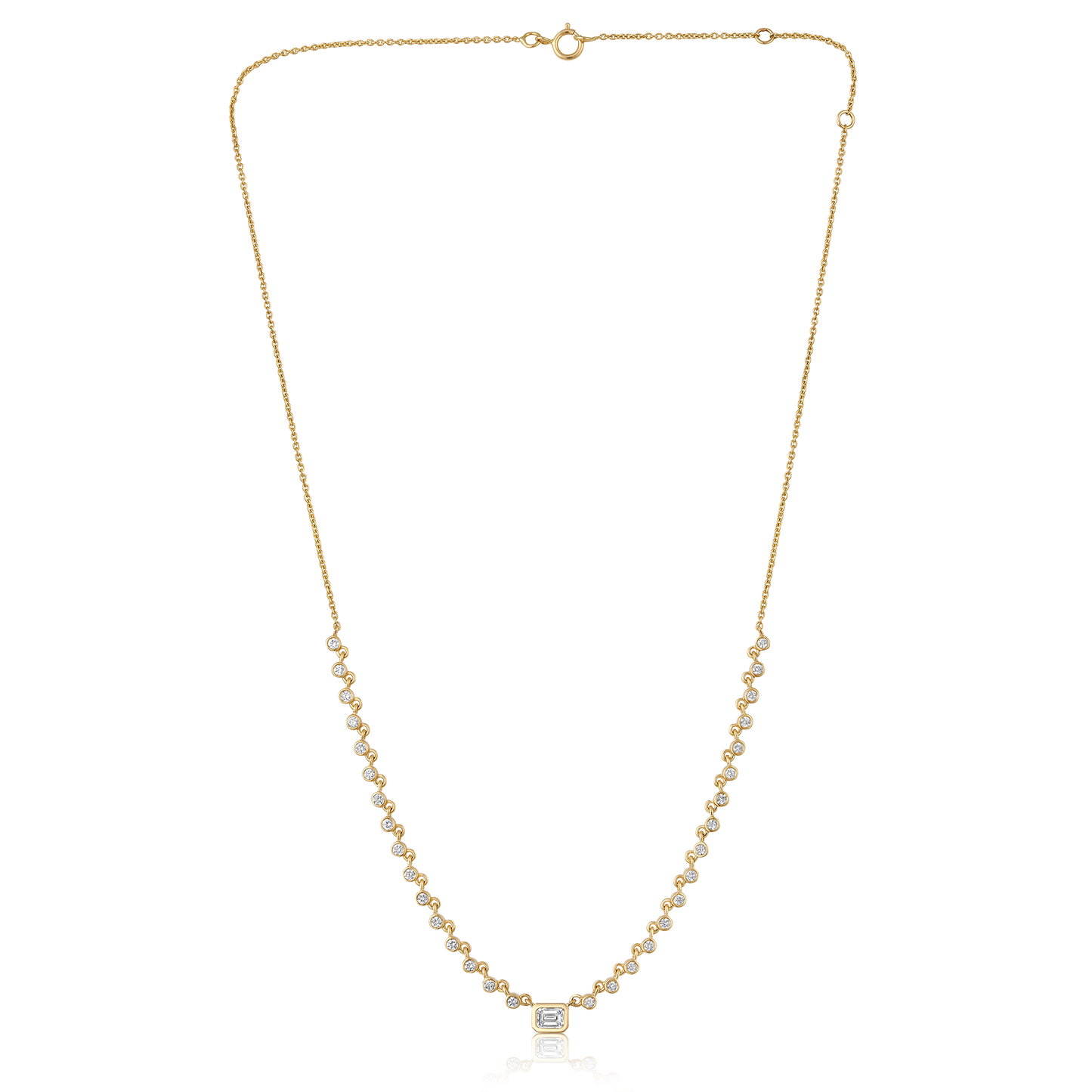 Solid Gold 1ct Natural Diamond Emerald Bezel Bead Stack Chain Necklace