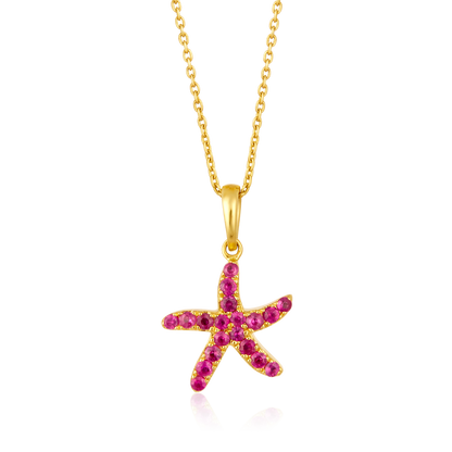 Solid Gold 0.64ct Natural Diamond w/ Natural Ruby Starfish 2 Way Charm Necklace