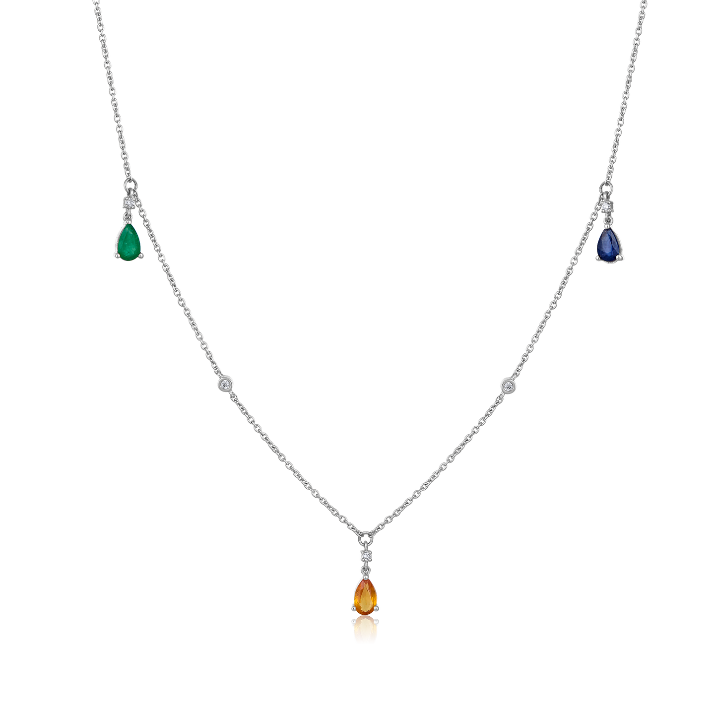 Solid Gold 1ct Natural Diamond w/ Natural Sapphire Multi-Color Station Necklace