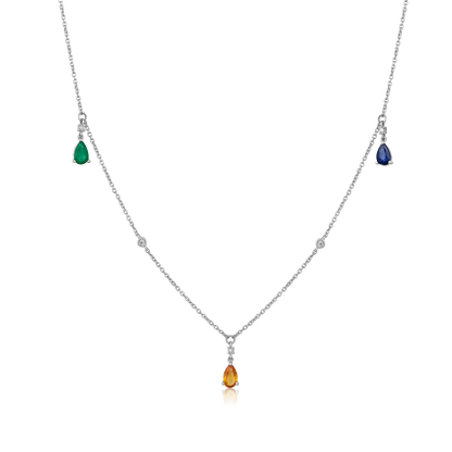 Solid Gold 1ct Natural Diamond w/ Natural Sapphire Multi-Color Station Necklace