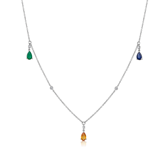 Solid Gold 1ct Natural Diamond w/ Natural Sapphire Multi-Color Station Necklace