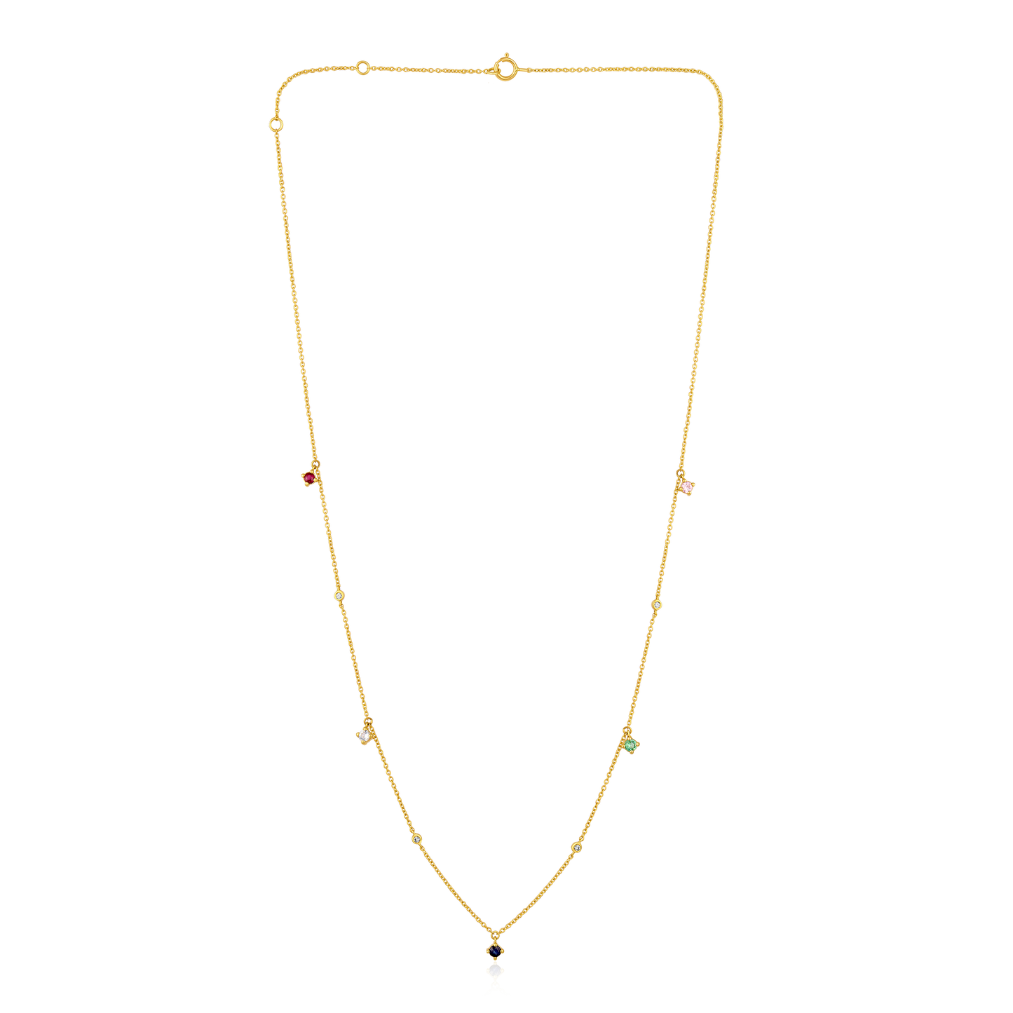 Solid Gold 0.04ct Natural Diamond Multi Color Sapphire Station Necklace