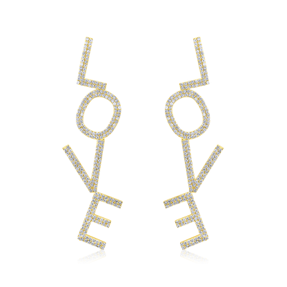 Solid Gold 0.9ct Natural Diamond LOVE Alphabet Drop Dangle Long Earrings
