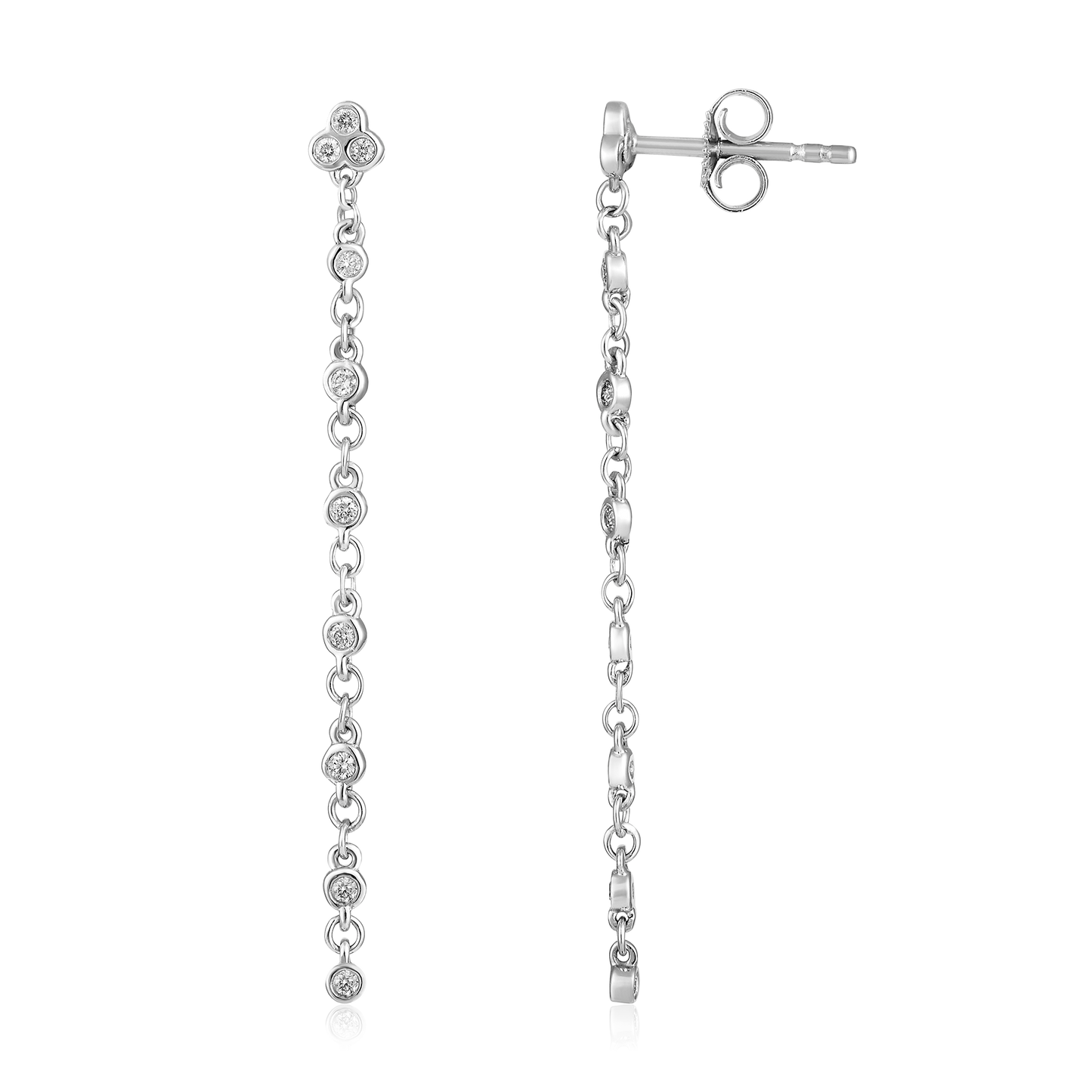 Solid Gold 0.2ct Natural Diamond Bead Chain Long Dangle Drop Earrings