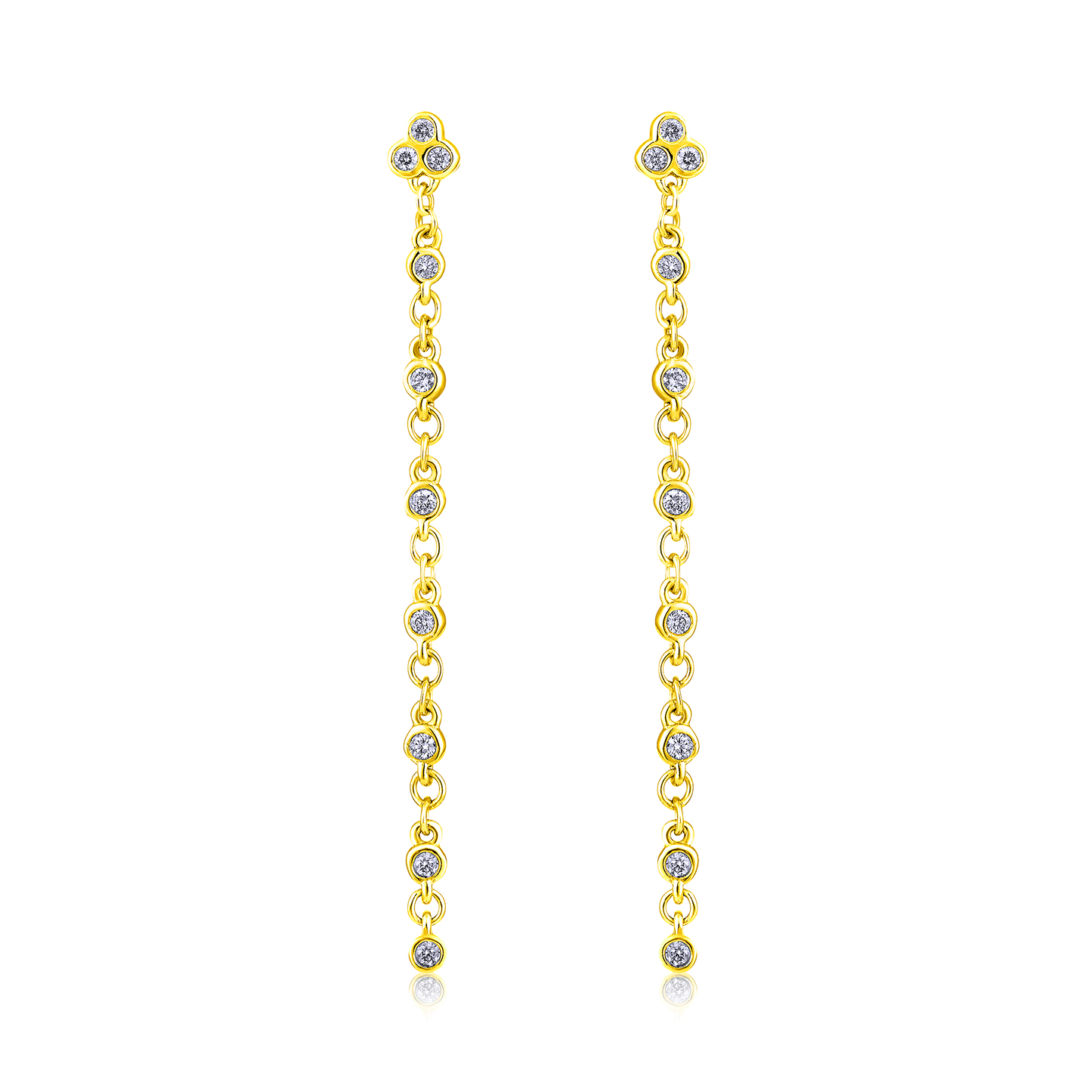Solid Gold 0.2ct Natural Diamond Trio Drop Chain Stud Dangle Earrings