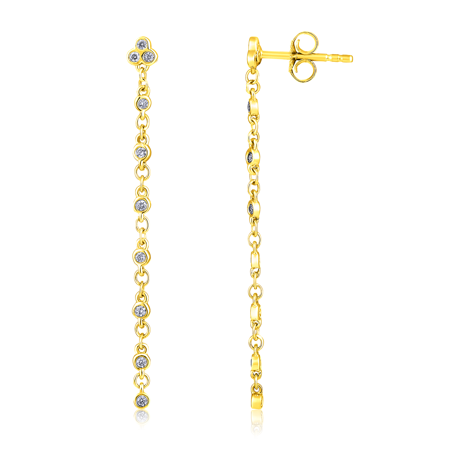 Solid Gold 0.2ct Natural Diamond Trio Drop Chain Stud Dangle Earrings