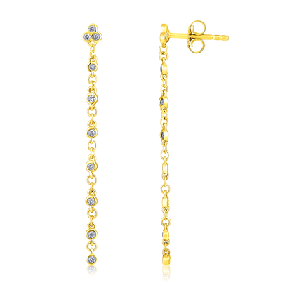 Solid Gold 0.2ct Natural Diamond Trio Drop Chain Stud Dangle Earrings
